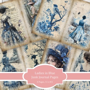 Women in Blue Journal Paper Set, Junk Journal Pages, Flower Junk Journal Paper, Printable Journal, Scrapbook Paper, Digital Paper