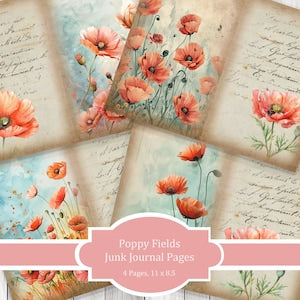 Poppy Fields Journal Paper Set, Junk Journal Pages, Flower Junk Journal Paper, Printable Journal, Scrapbook Paper, Digital Paper