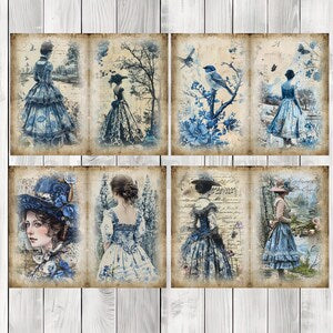 Women in Blue Journal Paper Set, Junk Journal Pages, Flower Junk Journal Paper, Printable Journal, Scrapbook Paper, Digital Paper