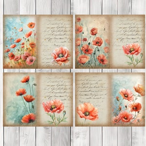 Poppy Fields Journal Paper Set, Junk Journal Pages, Flower Junk Journal Paper, Printable Journal, Scrapbook Paper, Digital Paper
