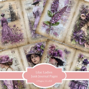 Lilac Ladies Journal Paper Set, Junk Journal Pages, Flower Junk Journal Paper, Printable Journal, Scrapbook Paper, Digital Paper