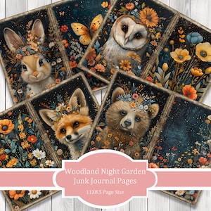Woodland Night Garden - Journal Paper Set, Junk Journal Pages, Flower Junk Journal Paper, Printable Journal, Scrapbook Paper, Digital Paper