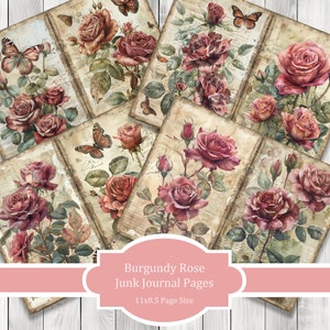 Burgundy Rose - Journal Paper Set, Junk Journal Pages, Flower Junk Journal Paper, Printable, Scrapbook Paper, Digital Paper