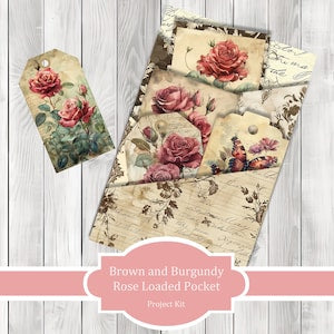 Brown and Burgundy Rose Loaded Pocket Kit , Journal Pages, Pocket, Ephemera, Tags, Printable, Scrapbook Kit, Digital Download