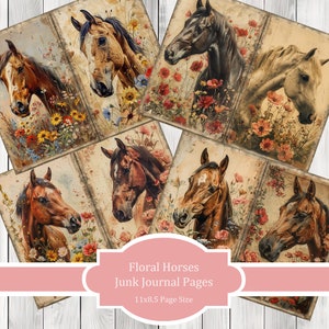 Floral Horses Journal Paper Set, Junk Journal Pages, Flower Junk Journal Paper, Printable Journal, Scrapbook Paper, Digital Paper
