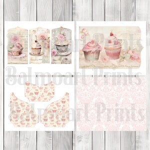 Pink Cupcakes Folio Kit - Journal Paper Set, Junk Journal Pages, Junk Journal Folio, Printable Journal, Scrapbook Paper, Vintage Cupcakes