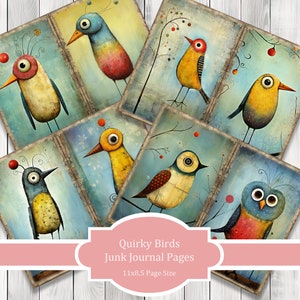 Quirky Birds - Journal Paper Set, Junk Journal Pages, Flower Junk Journal Paper, Printable Journal, Scrapbook Paper, Digital Paper