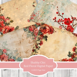 Shabby Chic Red Floral - Journal Paper Set, Junk Journal Pages, Junk Journal Paper, Printable Journal, Scrapbook Paper, Digital Paper