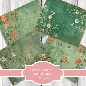 Green Nouveau- Journal Paper Set, Junk Journal Pages, Junk Journal Paper, Printable Journal, Scrapbook Paper, Digital Paper