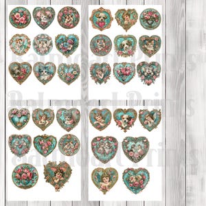 Vintage Turquoise Valentines Fussy Cuts - Junk Journal , Printable Journal, Journal Tags, Junk Journal Ephemera, Digital Vintage Images