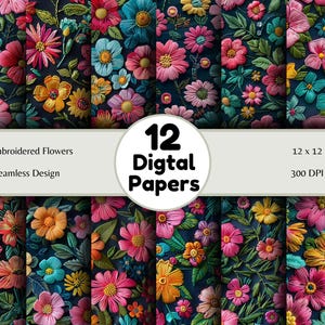 Embroidered Flowers - Seamless Pattern - Digital Paper - Printable Journal, Scrapbook Paper, Seamless