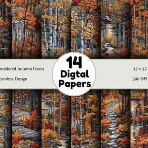 Embroidered Autumn Forest - Seamless Pattern - Digital Paper - Printable Journal, Scrapbook Paper, Seamless