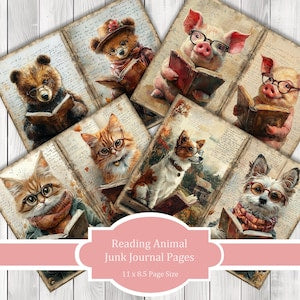 Reading Animals - Journal Paper Set, Junk Journal Pages, Flower Junk Journal Paper, Printable Journal, Scrapbook Paper, Digital Paper