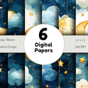 Sleepy Moons - Seamless Pattern - Digital Paper - Printable Journal, Scrapbook Paper, Seamless