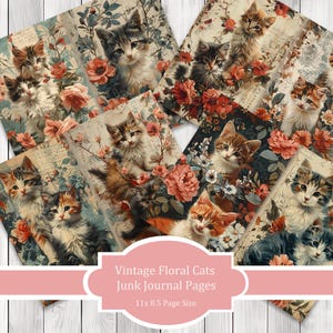 Vintage Floral Cats - Journal Paper Set, Junk Journal Pages, Flower Junk Journal Paper, Printable Journal, Scrapbook Paper, Digital Paper