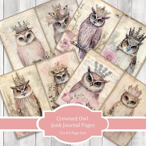 Crowned Owls - Journal Paper Set, Junk Journal Pages, Flower Junk Journal Paper, Printable Journal, Scrapbook Paper, Digital Paper