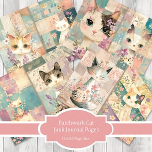 Patchwork Cats - Journal Paper Set, Junk Journal Pages, Flower, Journal Paper, Printable Journal, Scrapbook Paper, Digital Paper