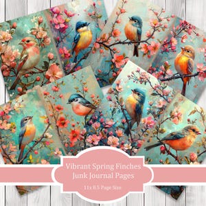 Vibrant Spring Finches - Journal Paper Set, Junk Journal Pages, Flower, Journal Paper, Printable Journal, Scrapbook Paper, Digital Paper