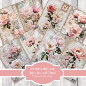 Peonies and Lace - Journal Paper Set, Junk Journal Pages, Flower Journal Paper, Printable Journal, Scrapbook Paper, Digital Paper