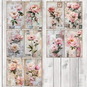 Peonies and Lace - Journal Paper Set, Junk Journal Pages, Flower Journal Paper, Printable Journal, Scrapbook Paper, Digital Paper