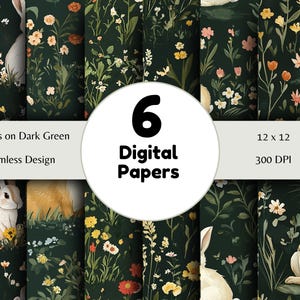 Bunnies on Dark Green - Seamless Pattern - Digital Paper - Printable Journal, Scrapbook Paper, Seamless