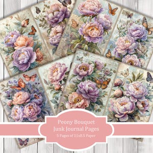 Peony Bouquet - Journal Paper Set, Junk Journal Pages, Flower, Journal Paper, Printable Journal, Scrapbook Paper, Digital Paper