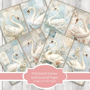 Patchwork Swans - Junk Journal Pages, Journal Paper Set, Birds, Journal Paper, Printable Journal, Scrapbook Paper, Digital Paper
