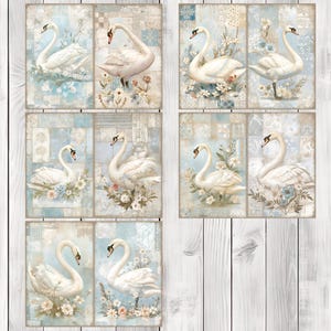 Patchwork Swans - Junk Journal Pages, Journal Paper Set, Birds, Journal Paper, Printable Journal, Scrapbook Paper, Digital Paper