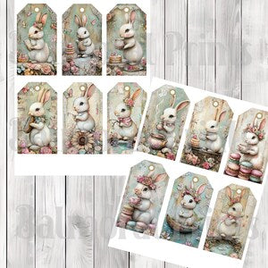 Springtime Bunny Tags - Collage Scrapbook - Junk Journal Tags - Ephemera Labels - Junk Journal Images Clip Art - Fussy Cut