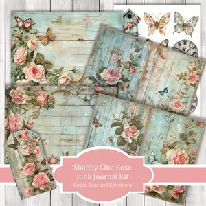 Shabby Chic Rose - Junk Journal Kit, Journal Pages, Papers, Ephemera, Tags, Printable, Scrapbook Kit, Digital Download