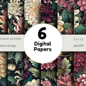 Chrysanthemums and Dahlia - Seamless Pattern - Digital Paper - Printable Journal, Scrapbook Paper, Seamless