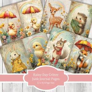 Rainy Day Critter - Journal Paper Set, Junk Journal Pages, Flower Junk Journal Paper, Printable Journal, Scrapbook Paper, Digital Paper