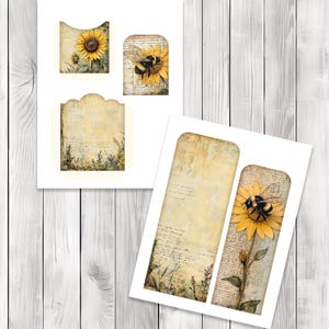Sunflower and Bee Tall Pocket Tag Kit - Botanical - Loaded Tags | Ephemera Labels | Paper Craft | Junk Journal Images Clip Art | Fussy Cut