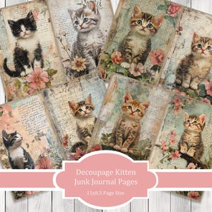 Decoupage Kitten - Journal Paper Set, Junk Journal Pages, Flower Junk Journal Paper, Printable Journal, Scrapbook Paper, Digital Paper