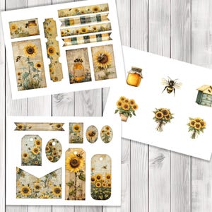 Sunflower and Bee Overloaded Tag Kit - Botanical - Loaded Tags | Ephemera Labels | Paper Craft | Junk Journal Images Clip Art | Fussy Cut
