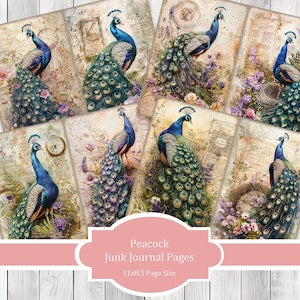Peacock - Journal Paper Set, Junk Journal Pages, Flower Junk Journal Paper, Printable Journal, Scrapbook Paper, Digital Paper