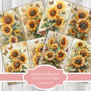 Sunflower Bouquet - Junk Journal Pages, Journal Paper Set, Flowers, Journal Paper, Printable Journal, Scrapbook Paper, Digital Paper