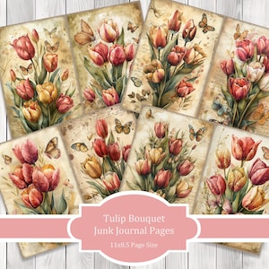 Tulip Bouquet - Junk Journal Pages, Journal Paper Set, Flowers, Journal Paper, Printable Journal, Scrapbook Paper, Digital Paper