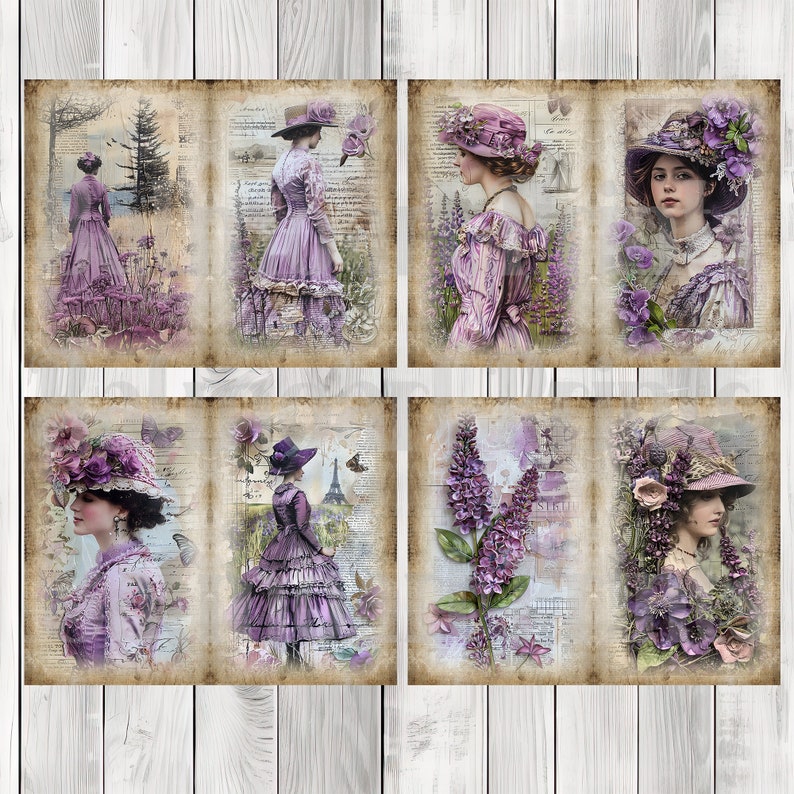 Lilac Ladies Journal Paper Set, Junk Journal Pages, Flower Junk Journal Paper, Printable Journal, Scrapbook Paper, Digital Paper