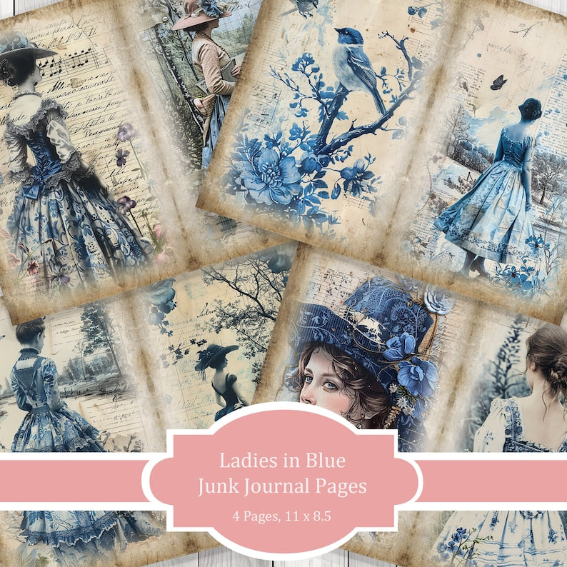 Women in Blue Journal Paper Set, Junk Journal Pages, Flower Junk Journal Paper, Printable Journal, Scrapbook Paper, Digital Paper