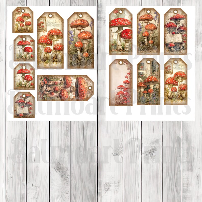 Toadstool Tags - Mushroom Tags - Ephemera Labels - Junk Journal Images Clip Art - Fussy Cut - Scrapbook Tags