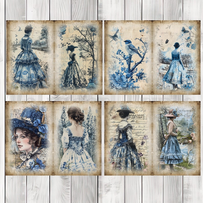 Women in Blue Journal Paper Set, Junk Journal Pages, Flower Junk Journal Paper, Printable Journal, Scrapbook Paper, Digital Paper