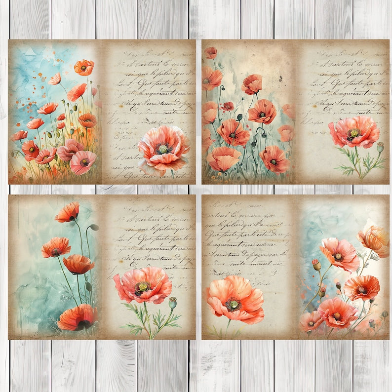 Poppy Fields Journal Paper Set, Junk Journal Pages, Flower Junk Journal Paper, Printable Journal, Scrapbook Paper, Digital Paper