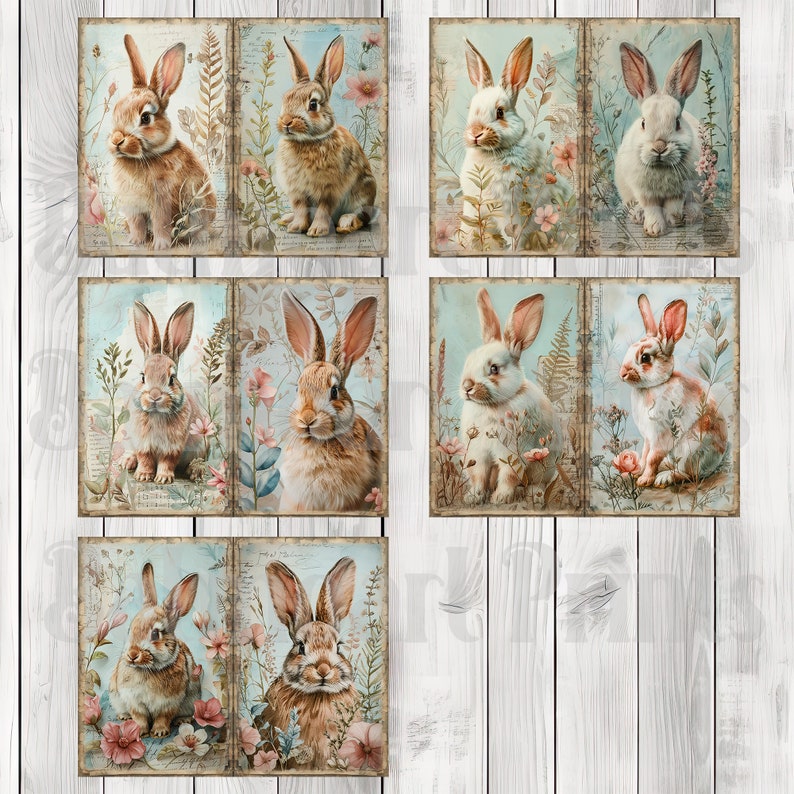 Vintage Rabbits - Journal Paper Set, Junk Journal Pages, Flower Junk Journal Paper, Printable Journal, Scrapbook Paper, Digital Paper
