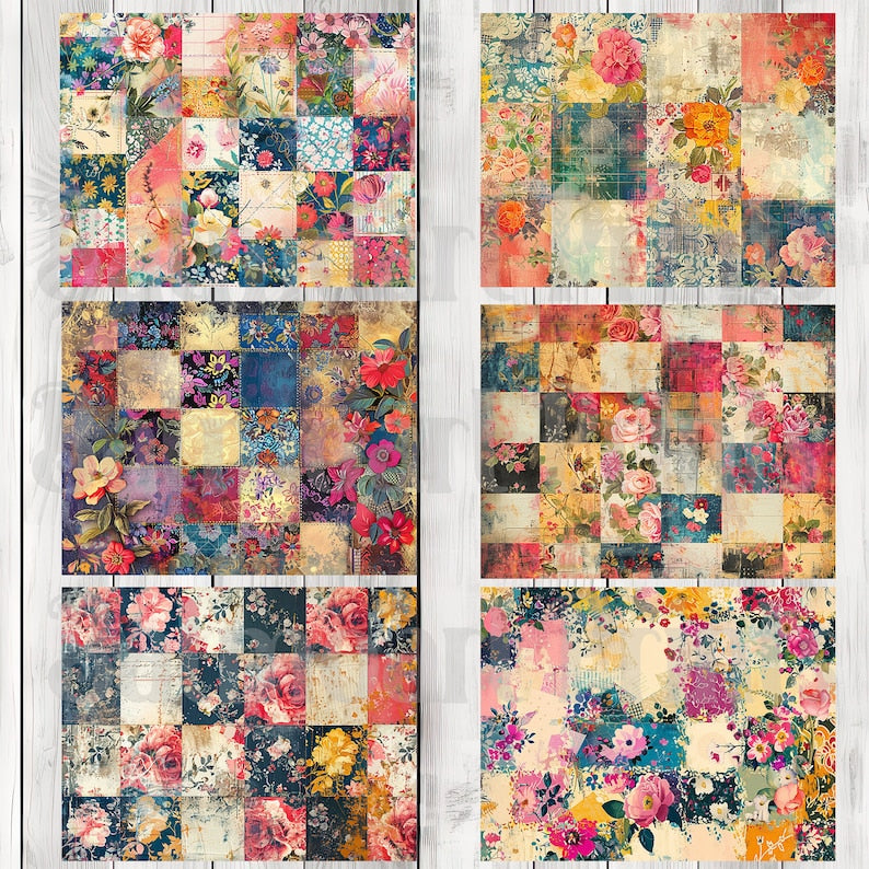 Grungy Floral Patchwork - Journal Paper Set, Junk Journal Pages, Junk Journal Paper, Printable Journal, Scrapbook Paper, Digital Paper