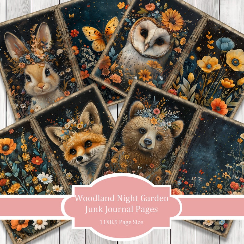 Woodland Night Garden - Journal Paper Set, Junk Journal Pages, Flower Junk Journal Paper, Printable Journal, Scrapbook Paper, Digital Paper