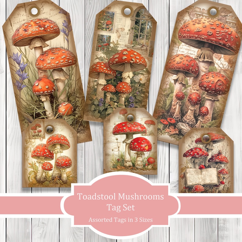 Toadstool Tags - Mushroom Tags - Ephemera Labels - Junk Journal Images Clip Art - Fussy Cut - Scrapbook Tags