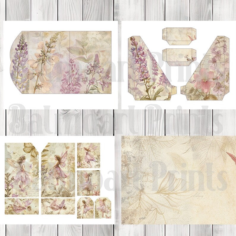 Vintage Garden Fairy Folio Kit - Journal Paper Set, Junk Journal Folio, Printable Journal, Scrapbook Paper, Woodland Animals, Floral