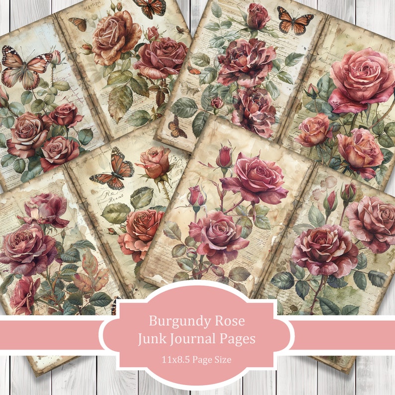 Burgundy Rose - Journal Paper Set, Junk Journal Pages, Flower Junk Journal Paper, Printable, Scrapbook Paper, Digital Paper