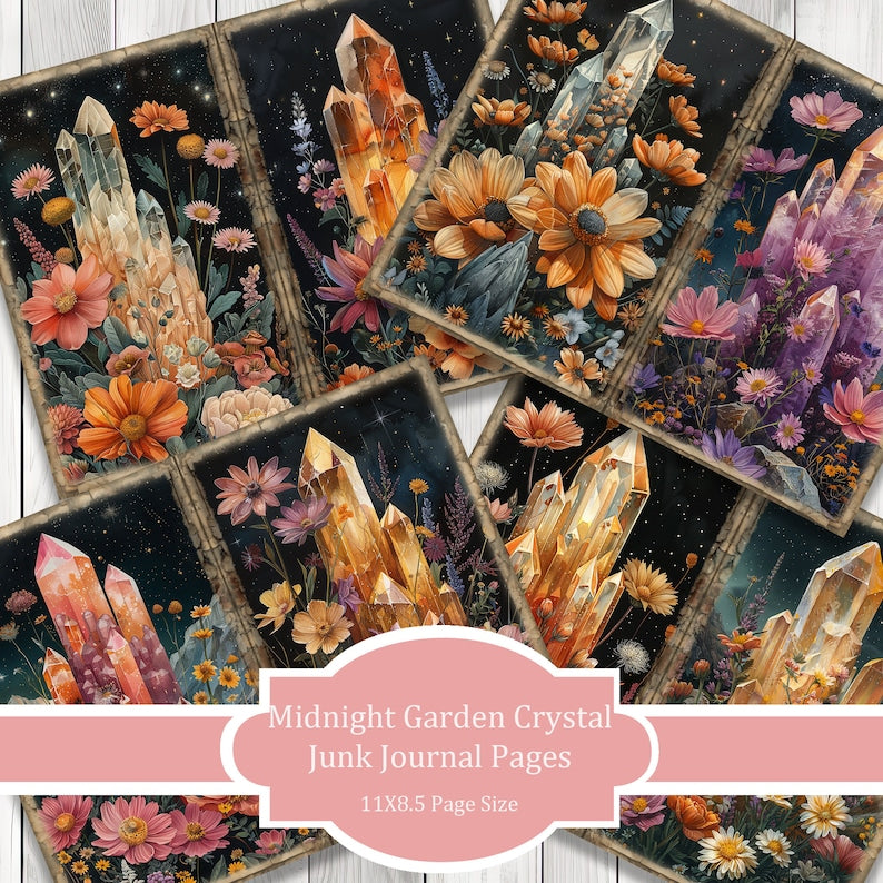 Midnight Garden Crystal - Journal Paper Set, Junk Journal Pages, Flower Junk Journal Paper, Printable, Scrapbook Paper, Digital Paper